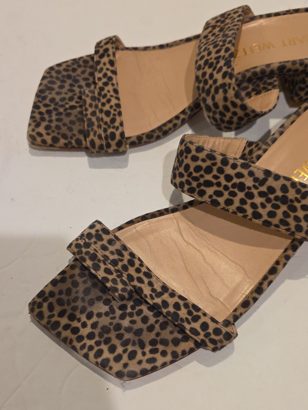Stuart Weitzman Leopard Print Block Heel Sandals Square Toe Trendy Size 9 Shoes - Picture 6 of 9